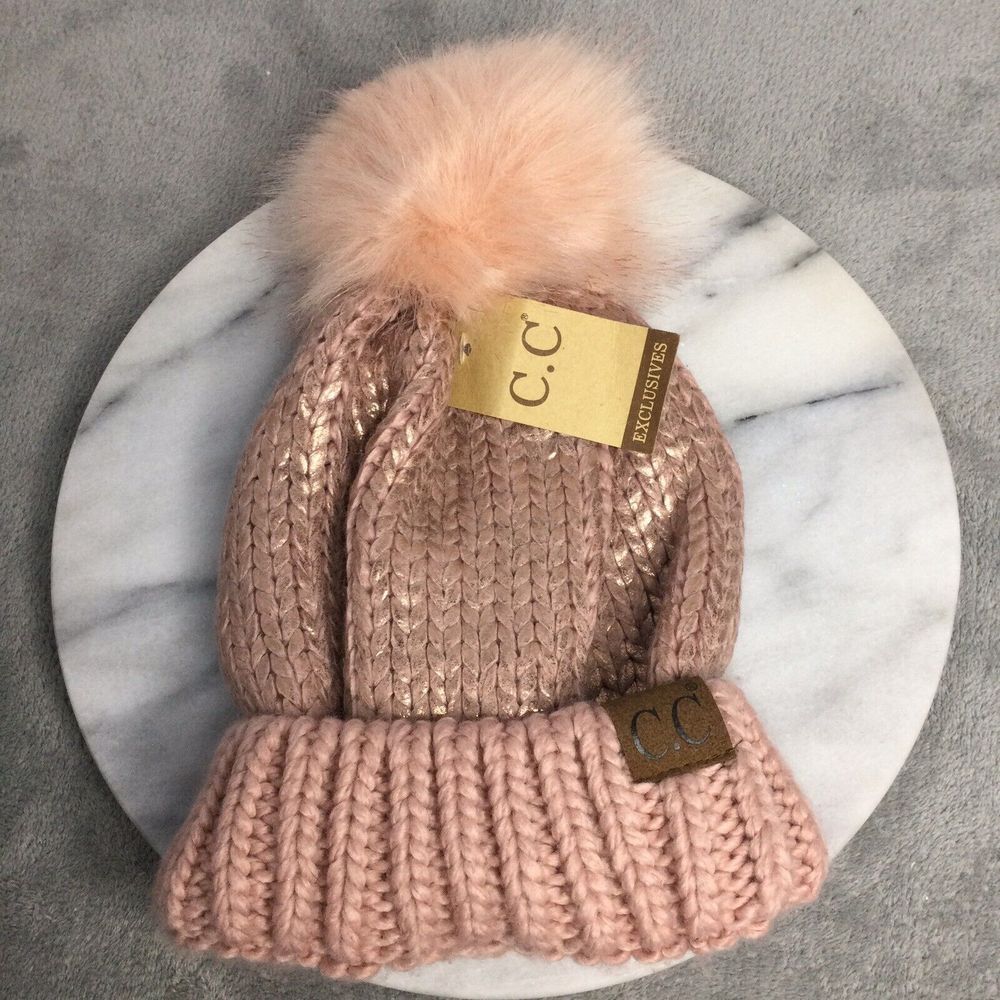 C.C Women's Faux Fur Pom Rose Shiny Metallic Finished Knit Beanie Hat